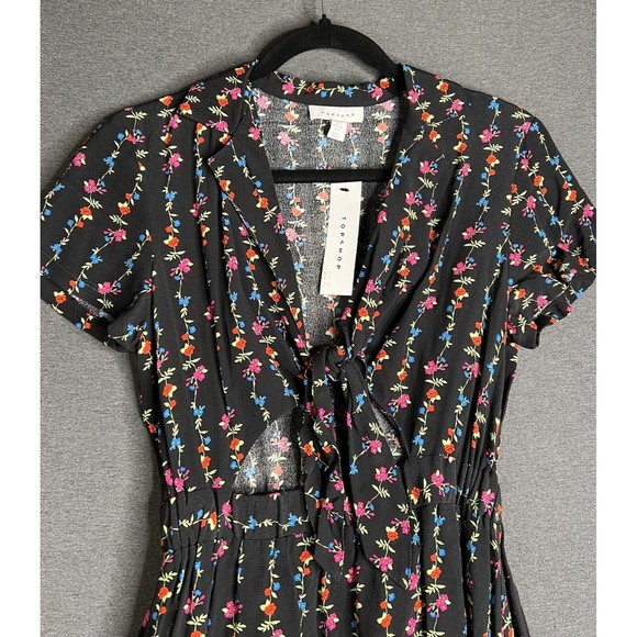 TOPSHOP Mini Shirt Linear Floral Dress Tie Front 100% Viscose Black Women Size 2 - Picture 5 of 11